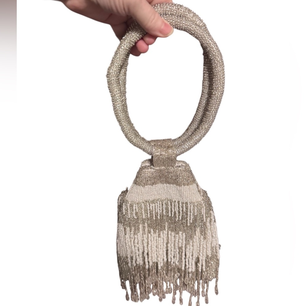 Elegant Silver cream taupe Beaded Fringe Handbag mini magnetic closure viral bag